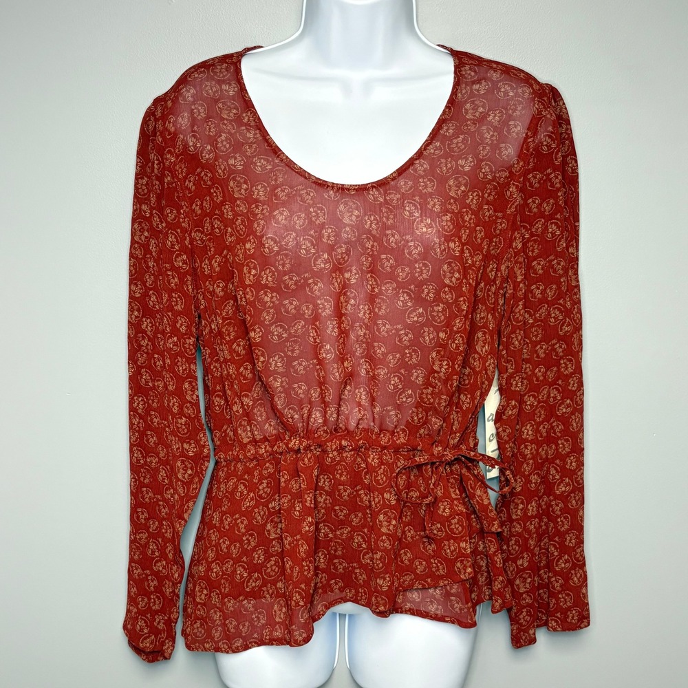 NWT J. Jill Illusion Rayon Semisheer Burnt Orange Floral Print Fall Blouse Sz M